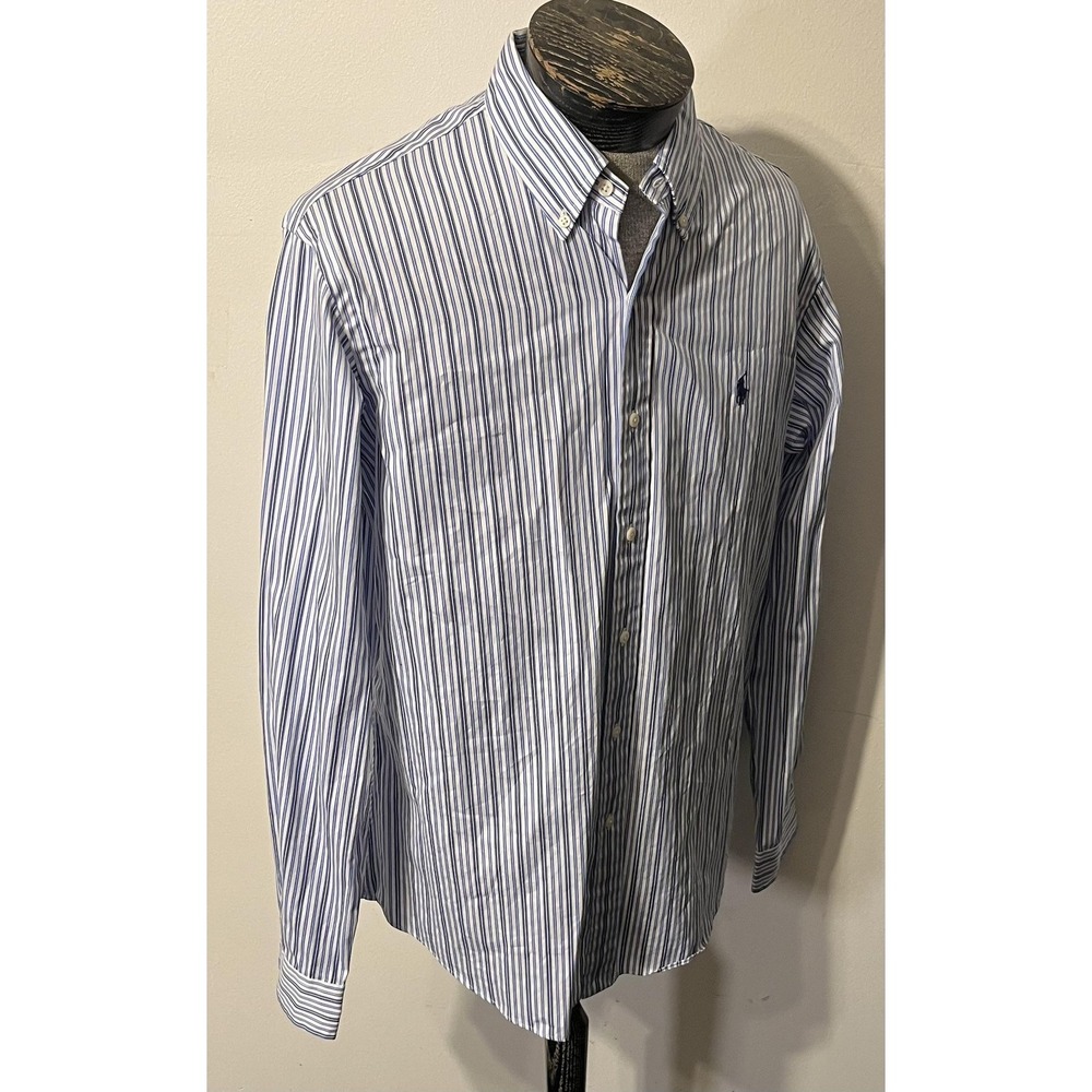 Ralph Lauren Shirt Mens Large Blue Stripe Custom Fit Button Down Long Sleeve - Picture 4 of 10